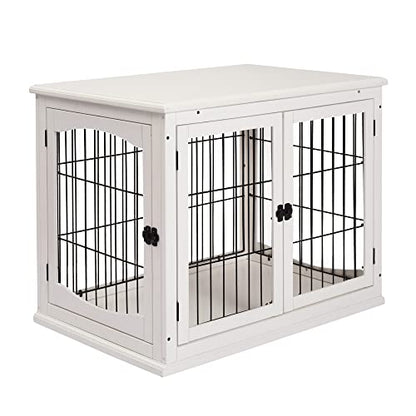 PawHut Dog Crate Furniture, Small Dog Cage End Table with Two Opening Sides, Lockable Door, Puppy Kennel Indoor, Cute and Decorative, Pure White - WoodArtSupply