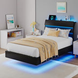 iPormis Floating Twin Size Bed Frame with LED Lights & Charging Station, Platform Bed with Wooden Storage Headboard, Heavy Duty Slats Support, No Box Spring Needed, Easy Assembly, Noise-Free, Black iPormis