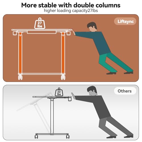 Liftsync Mobile Standing Desk, 35inch Small Rolling Table with Drawer, Height Adjustable Sit Stand Workstation, White Portable Laptop Cart with Hidden Wheels or Lockable Casters Liftsync