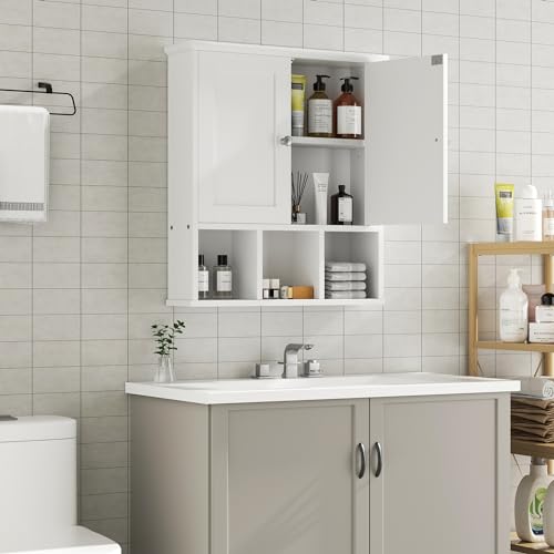 Shintenchi Bathroom Wall Cabinet with Door, Storage Organizer Over The Toilet Medicine, Space Saving with Adjustable & Open Shelf, Beige Shintenchi