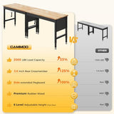 CAMMOO 96" Adjustable Heavy Duty Workbench, 2000 LBS Load Capacity Rubber Wood Work Table with Pegboard, Power Outlets, Work Bench for Garage, Workshop, Office, Home, Commercial, Ships in 2 Boxes CAMMOO