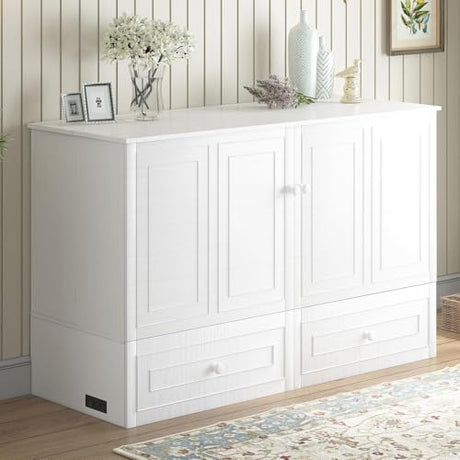 Mjkone Queen Murphy Bed Cabinet, Murphy Beds with USB Charging Station, Modern Cabinet Bed with Drawers & Tri-Folding Mattress, Cube Chest Cabinets Wall Beds for Home Apartment, White Mjkone