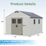 Greesum 10×12 FT Plastic Outdoor Storage Shed with Floor and Lockable Door, Resin Sheds with Windows and Skylights, Weather Resistant Organization for Garden, Lawn, Pool Supplies, Beige Greesum