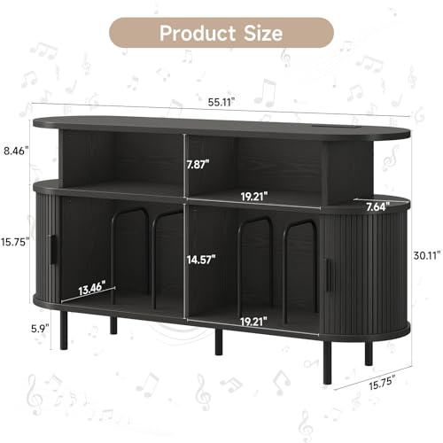 55" Large Round Record Player Stand with Charging Station, Vinyl Record Storage Cabinet, Mid Century Modern Turntable Stand with Open Shelves Holder for Bedroom Living Room, Sliding Doors (Black) ONBRILL