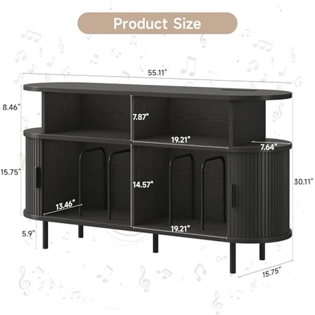 55" Large Round Record Player Stand with Charging Station, Vinyl Record Storage Cabinet, Mid Century Modern Turntable Stand with Open Shelves Holder for Bedroom Living Room, Sliding Doors (Black) ONBRILL