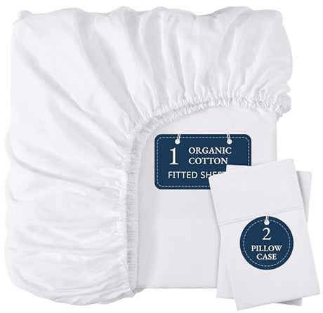 LANE LINEN 100% Organic Cotton Fitted Sheet Queen, 15" Deep Pocket Snug Fit Fully Elasticized Naturally Temperature Regulating Soft & Comfy Deep Pocket Queen Fitted Sheet -White (+Pillowcases) LANE LINEN