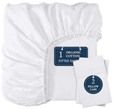 LANE LINEN Fitted Sheet Full Size, 100% Organic Cotton, 3-Piece Set (1 Fitted Sheet, 2 Pillowcases) Percale Weave, Bed Fitted Sheets, Breathable, Fits Mattress Upto 15" Deep - White (No Flat Sheet) LANE LINEN