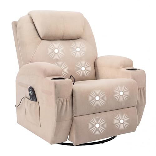 JUMMICO Small Swivel Rocker Recliner, 360 Rocking Chair Recliner with Massage, Upholstered Fabric Rocker Recliner with Cup Holder for Living Room, Bedroom, Nursery (Beige)