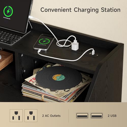 55 Inch Record Player Stand with LED Light, Modern Vinyl Record Storage Cabinet with 2 Drawers & Open Shelves, Holds up to 500 Albums, Turntable Stand w/Charging Station for Living Room Bedroom Black ONBRILL