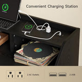 55 Inch Record Player Stand with LED Light, Modern Vinyl Record Storage Cabinet with 2 Drawers & Open Shelves, Holds up to 500 Albums, Turntable Stand w/Charging Station for Living Room Bedroom Black ONBRILL