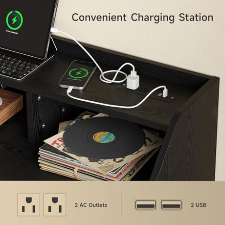 55 Inch Record Player Stand with LED Light, Modern Vinyl Record Storage Cabinet with 2 Drawers & Open Shelves, Holds up to 500 Albums, Turntable Stand w/Charging Station for Living Room Bedroom Black ONBRILL