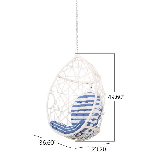 Merax Cozy Swing Egg Chair with Cushions 330lbs for Patio, Bedroom, Garden and Balcony,Hanging Chair with 8ft Chain,White+Blue Merax