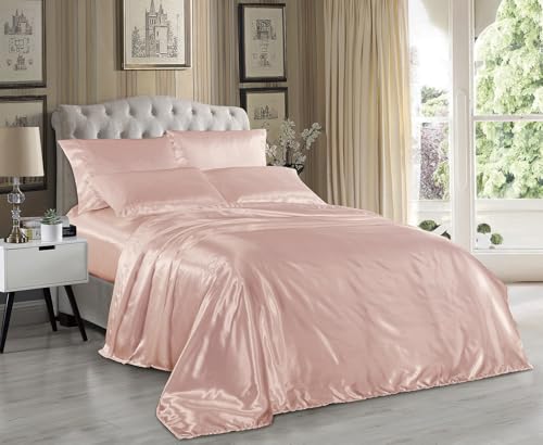 Comfy Deal Hight Thread Count Solid Color Soft Silky Charmeuse Satin Luxury and Super Soft Bed Sheet Set Or Pillowcase (Blush, Full) Comfy Deal