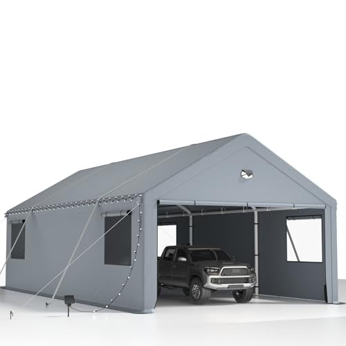 13X25FT Carports Heavy Duty,Car Ports with 180G Removable Side Wall,Portable Car Port Garage,Carport Canopy,Car Shelter All Weather,Gray Sannwsg