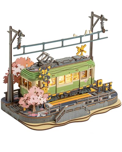 ROBOTIME 3D Puzzles for Adults DIY Model Building Toy with LED Light Wooden Craft Kits Diorama Tram Hobby for Kids Brain Teaser Gift (Sakura Journey) ROBOTIME