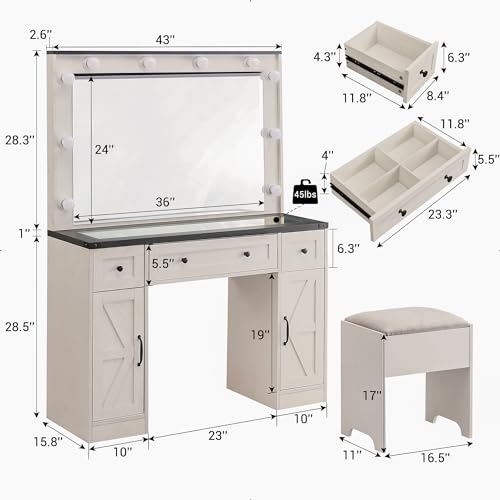 JXQTLINGMU 43" Farmhouse Makeup Vanity Desk with Mirror and Lights, Vanity Set with Glass Tabletop and 3 Drawers & 2 Cabinets, Stool Included, Off White… - WoodArtSupply