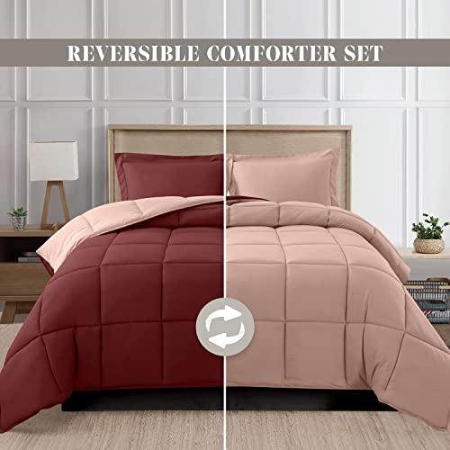 Elegant Comfort 3-Piece Reversible Comforter Set, All Season Cozy, Soft Down Alternative, Quilted - Box Stitched - Duvet Insert with 4 Corner Tabs, Comforter with Shams, Twin XL, Burgundy/Dusty Rose Elegant Comfort