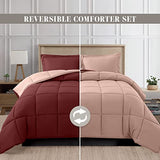 Elegant Comfort 3-Piece Reversible Comforter Set, All Season Cozy, Soft Down Alternative, Quilted - Box Stitched - Duvet Insert with 4 Corner Tabs, Comforter with Shams, Twin XL, Burgundy/Dusty Rose Elegant Comfort