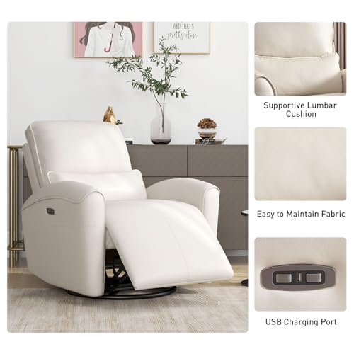 Bonzy Home Power Swivel Rocker Recliner Chair with USB Port, 23.2" Wide Seat, Fixed Lumbar Support, Upholstered Glider Chair for Nursery Living Room, Beige