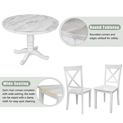 Merax Round Dining Table Set for 4, 5-Piece Faux Marble Kitchen Table Set with 4 Chairs, Farmhouse Table and Chairs Set for Kitchen, Dining Room, Small Space, White Merax