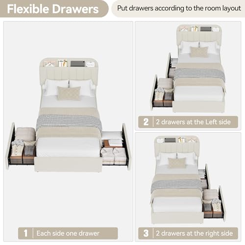 IDEALHOUSE Twin Bed Frame for Kids, Boucle Upholstered Platform Bed for Boys/Girls with 2 Flexible Drawers, Bookcase Headboard, Noise-Free, Easy Assembly, No Box Spring Needed, Beige IDEALHOUSE