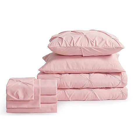 Bedsure Twin Comforter Set Pink for Women - Bed in a Bag Twin Size Bedding 5 Pieces, GentleSoft™ Pintuck Bed Set Gift for Family, Pinch Pleat Pink Comforter with Sheets, Pillowcase & Sham Bedsure