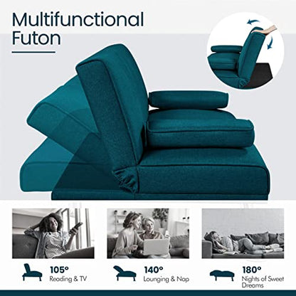 Yaheetech Linen Fabric Modern Sofa Bed Futon Couch Bed Folding Recliner Sleeper Reversible Loveseat Convertible Daybed, 2 Cup Holders, 3 Angles, 772lb Capacity, Removable Armrests, Aqua Blue