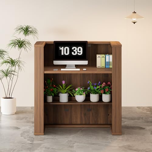 42.1 Inches Reception Desk,Fluted Round Corner Modern Reception Table,Front Counter Table,for Salons, Offices Lobbies Retail Stores and Home Offices (Walnut)