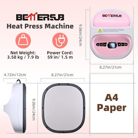 BetterSub Heat Press Machine for T-Shirts, Portable Heat Press, Iron Press for Sublimation and HTV Vinyl Shirt Press Machine for Hat, Bags, Heating Transfer Projects (8.27"×9.06" Pink) BetterSub