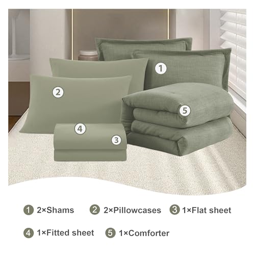 Geniospin King Size Comforter Set- 7 Piece Sage Green Textured King Bedding Set, Soft Solid Bed in a Bag for All Season, King Comforter Set with Sheets(Sage Green,102''x90'') Geniospin