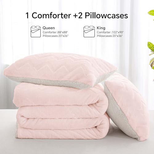 BEDELITE Fluffy King Size Comforter Set - Super Soft Sherpa Pink Comforter for King Size Bed, Luxury Warm Bedding Set for Winter, Fuzzy Bed Set 3 Pieces (1 Comforter, 2 Pillowcases) BEDELITE
