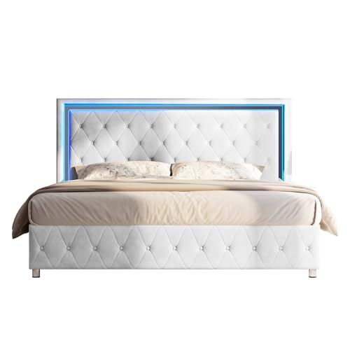 Jocisland Twin Bed Frame with LED Lights Headboard&Footboard, Velvet Upholstered Twin Size Platform Bed Frame No Box Spring Needed/White Jocisland
