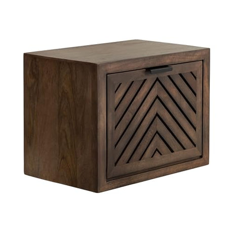 Kate and Laurel Mezzeta Modern Floating Shelf Side Table with Storage Cubby; 16 x 10 x 12; Natural Wood; Decorative Slatted Wood Floating Nightstand with Pull Down Door for Use as Bathroom Storage Kate and Laurel