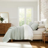 WDCOZY Sage Green Pick Stitch Twin Size Quilt Set, Striped Lightweight Soft Summer Spring Bedspread, Bamboo Linen Like Textured Coverlet, Chambray Farmhouse Country Rustic Thin Bedding Comforter WDCOZY