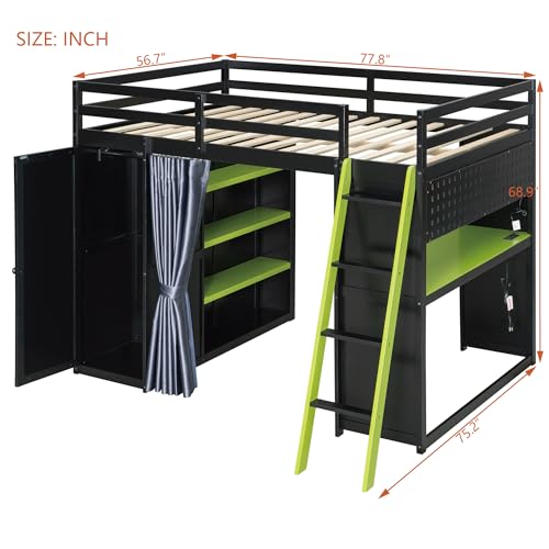 Linique Full Size Gaming Loft Bed with Desk, LED Lights and Charging Station, Wood Loft Bed Frame with Wardrobe, Open Shelves, Blackout Curtains, for Kids Teens Adults, Black+Green Linique
