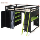 Linique Full Size Gaming Loft Bed with Desk, LED Lights and Charging Station, Wood Loft Bed Frame with Wardrobe, Open Shelves, Blackout Curtains, for Kids Teens Adults, Black+Green Linique