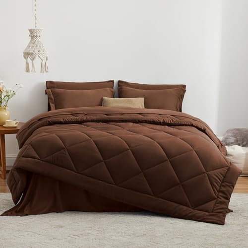 Love's cabin Queen Comforter Set Brown, 7 Pieces Queen Bed in a Bag, All Season Bedding Sets with 1 Comforter, 1 Flat Sheet, 1 Fitted Sheet, 2 Pillowcase and 2 Pillow Sham Love's cabin