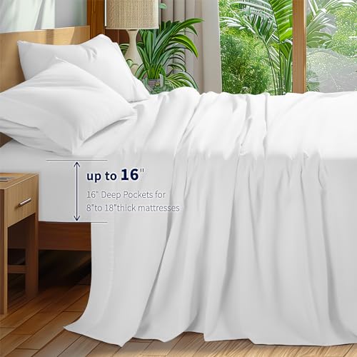 Shilucheng 100% Cotton King Size Sheets Set - 600 Thread Count，Luxury Egyptian Cotton Bed Sheets，5-Star Hotel Quality Sheets, Breathable & Cooling, 16 Inch Deep Pocket - 4 Piece (White, King)