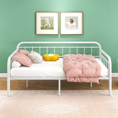 HOMERECOMMEND Multi-Purpose Metal Daybed Frame Heavy Duty Metal Slats Sofa Bed Platform Mattress Foundation Economic Day Bed White Color Twin Size. HOMERECOMMEND