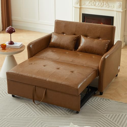 Love Seat Sleeper Bed, Pull Out Couch Bed with USB Charging Ports, 3 in 1 Faux Leather Loveseat Sleeper Sofa Bed, Pull Out Sofa Bed with Adjustable Backrest for Living Room, Bedroom, Apartment-Brown Heliodeck