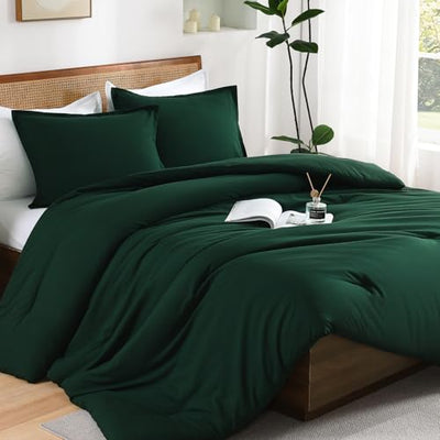 Andency Dark Emerald Green Queen Size Comforter Set, 3 Pieces Forest Hunter Green Boho Solid Bedding Sets, Soft Cozy Lightweight Down Alternative All Season Bed Set