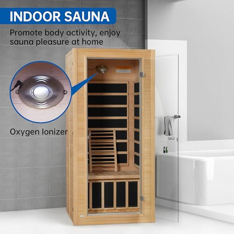 RESTISLAND Infrared Sauna Room for Home, Near Zero EMF Wooden 1 Person Indoor Home Sauna with Bluetooth, LCD Control Panel, Chromo Therapy Light RESTISLAND
