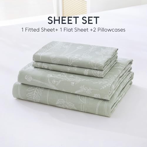 Homilay 100% Natural Cotton Percale Sheets Set,Full Size 4 PC, Breathable&Durable Hotel Quality Bedding, 16" Deep Pocket Botanical Floral Bedsheets,Sage Green Homilay
