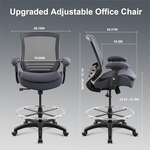 WITTLONG 400lbs Wide Mid-Back Office Drafting Chair with Extra Seat Cushion for High Standing Desk with Lumbar Support and Enlarged Adjustable Footring(Gray) WITTLONG