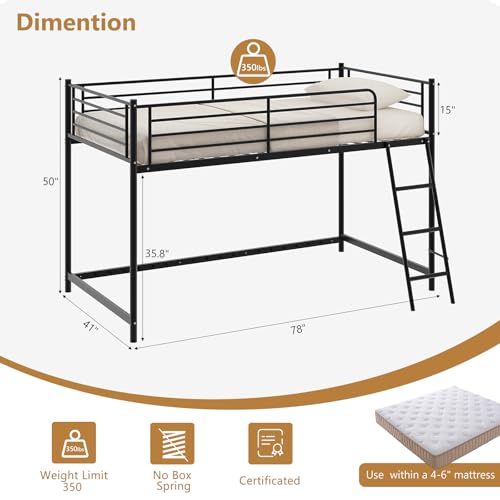 JOYMOR Low Loft Bed with Inclined Ladder, Metal Twin Size Bed Frame with 15” High Guardrail for Boys Girls, Junior, Space Saving, Mattress Not Included (Black) JOYMOR