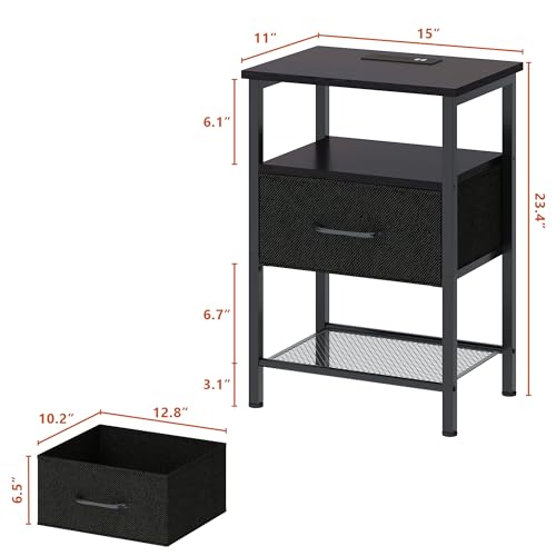 TRIFEBLE Night Stand Set 2, End Table with Charging Station, LED Bedside Table with Fabric Drawer for Bedroom, 3-Tier Side Table with Open Shelf, Black TRIFEBLE