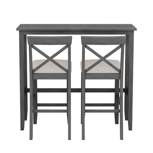 LUMISOL 3 Piece Pub Table and Chair Set, Small Wood Counter Height Table Set, 3 Piece High Top Dining Table Set for Breakfast Nook, Gray LUMISOL