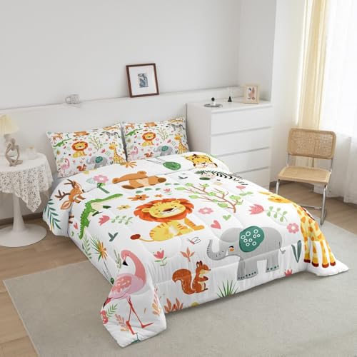 Feelyou Twin Size Cartoon Lions Giraffe Comforter Set Zoo Animals Bedding Set Flamingo Zebra Comforter for Kids Boys Girls Kawaii Animals Duvet Insert 2Pcs Feelyou