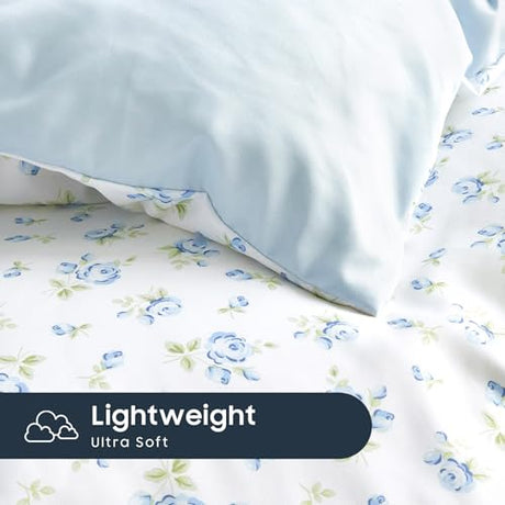 Wake In Cloud - Floral Comforter Set, Coquette Cottagecore Aesthetic Flower Shabby Chic Pattern for Women Teen Girls, Soft Lightweight Bedding, 3 Pieces, White Blue, Full Size Wake In Cloud