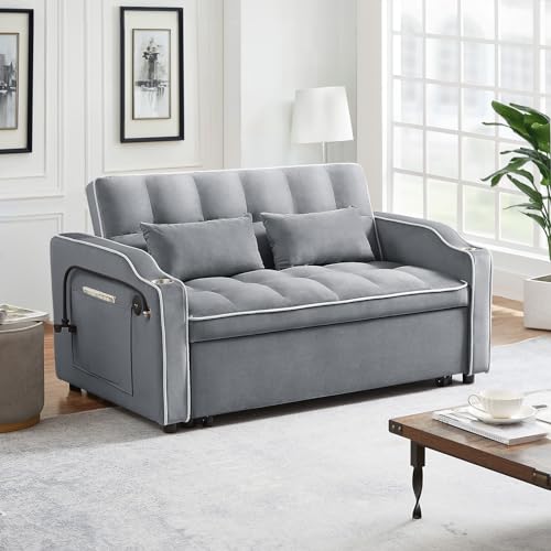 Pull Out Sofa Bed with Phone Holder, Convertible Velvet Loveseat Sleeper with 2 USB Charging Ports, Modern Futon Couch with Cup Holders and Adjustable Backrest, Love Seat for Living Room, Light Grey
